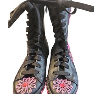 Stylish Black Lace-Up Boots with Pink Floral Design